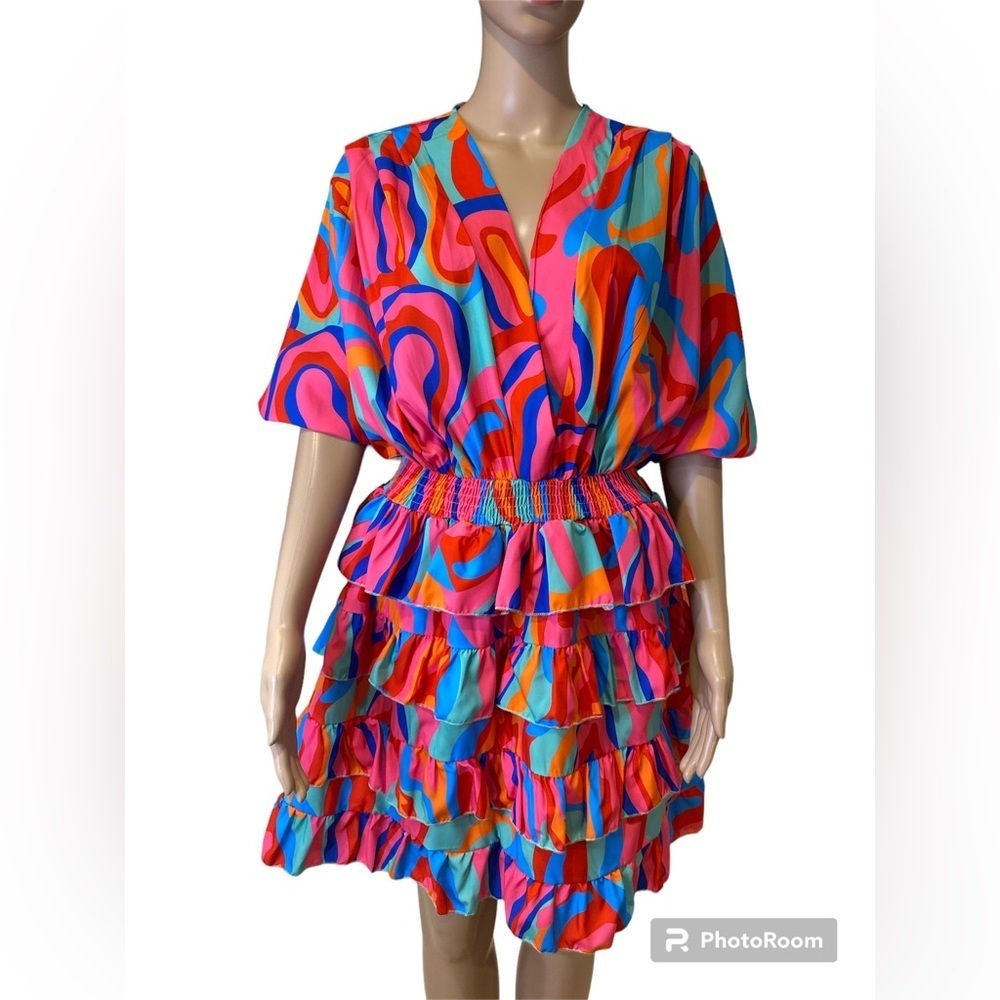 NWT Bohemian Layered Dressy V Neck Bell Sleeve Beach Short Mini Sundress size M - Picture 4 of 7